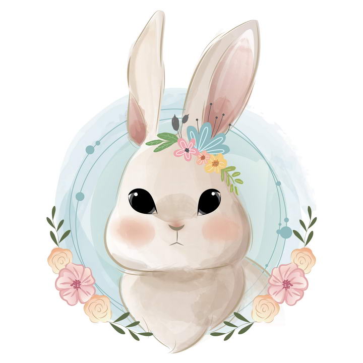 可爱彩色手绘插画风格花环装饰的卡通小兔子头像图片免抠素材