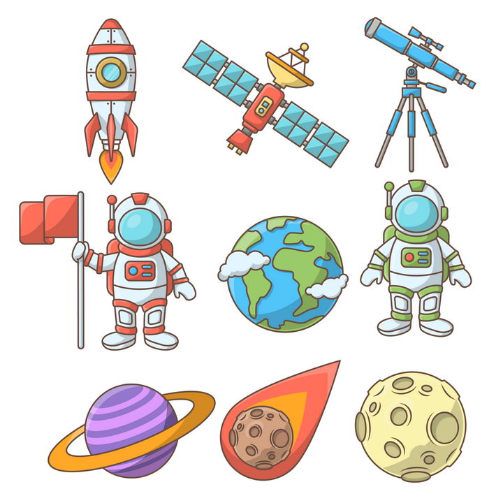 9款卡通风格小火箭卫星天文望远镜宇航员地球土星流星和月球天文科普