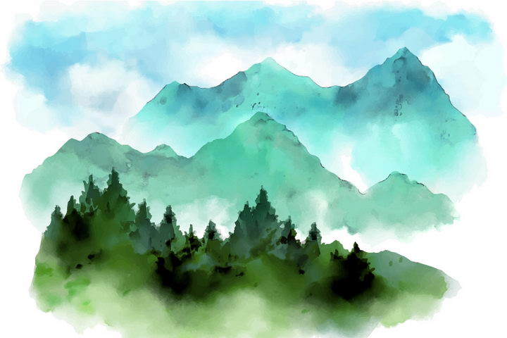彩色水彩画绿色森林远处的大山山脉图片免抠素材
