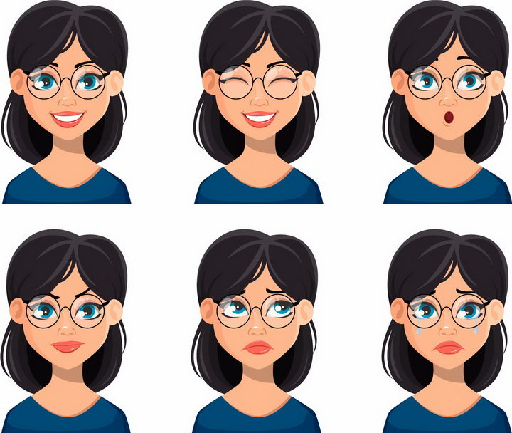 6款不同情绪不同表情的卡通眼镜美女png图片免抠矢量素材