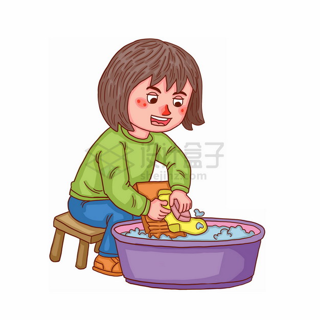 卡通女孩用搓衣板洗衣服彩绘插画png图片素材
