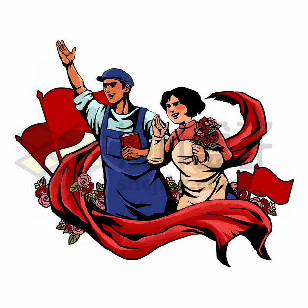 复古风格的工人阶级劳动人民和红旗五一劳动节手绘插画png图片素材