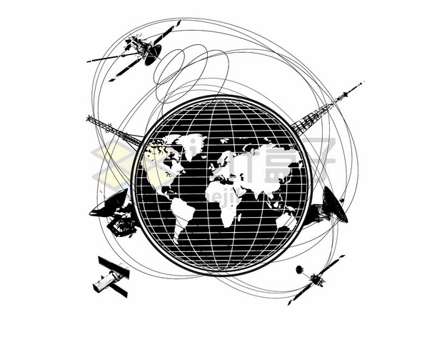各种通信卫星围绕地球飞行黑白插画png图片素材 it科技-第1张