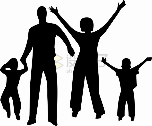 兴奋得高举双手的一家四口人物剪影国际家庭日png图片