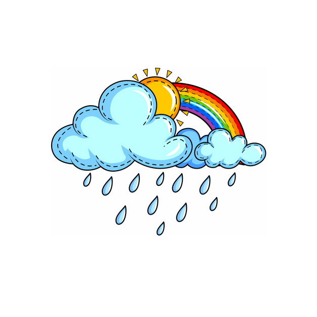 下雨的卡通乌云和躲在后面的太阳与彩虹323232png图片素材