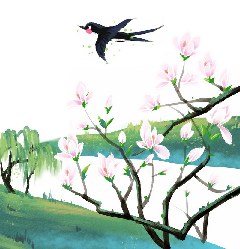 春天里盛开的桃花岸边的柳树和小燕子春意盎然风景画4937949图片免抠
