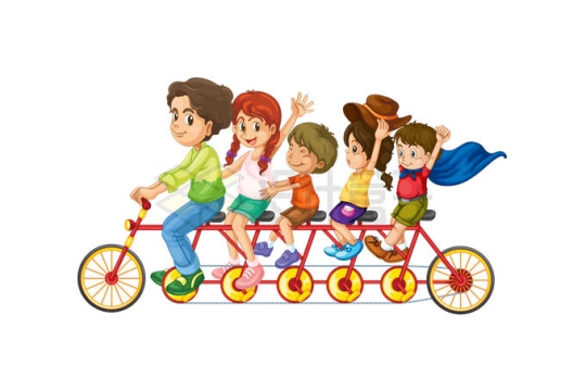 卡通一家五口一家人开开心心的骑着多人自行车出行2460021矢量图片免