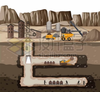 矿山矿场中的大型挖掘机和重载卡车插画5267709矢量图片免抠素材