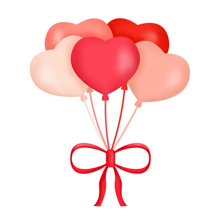 被蝴蝶结绑在一起的粉色红色爱心图案心形气球图片免抠素材