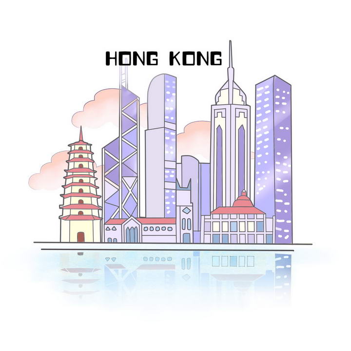 简约手绘风格香港城市地标建筑旅游图片免抠素材