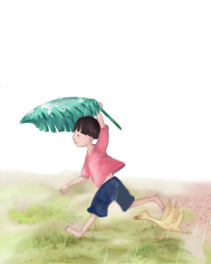 可爱卡通手绘插画风格躲雨的小男孩童年农村生活图片免抠素材 设计盒子