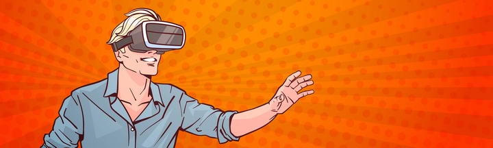 手绘美式漫画风格戴着虚拟现实VR眼镜的年轻人图片素材