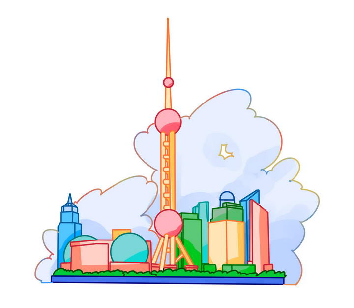 手绘风格简约上海城市天际线地标建筑图片免抠素材