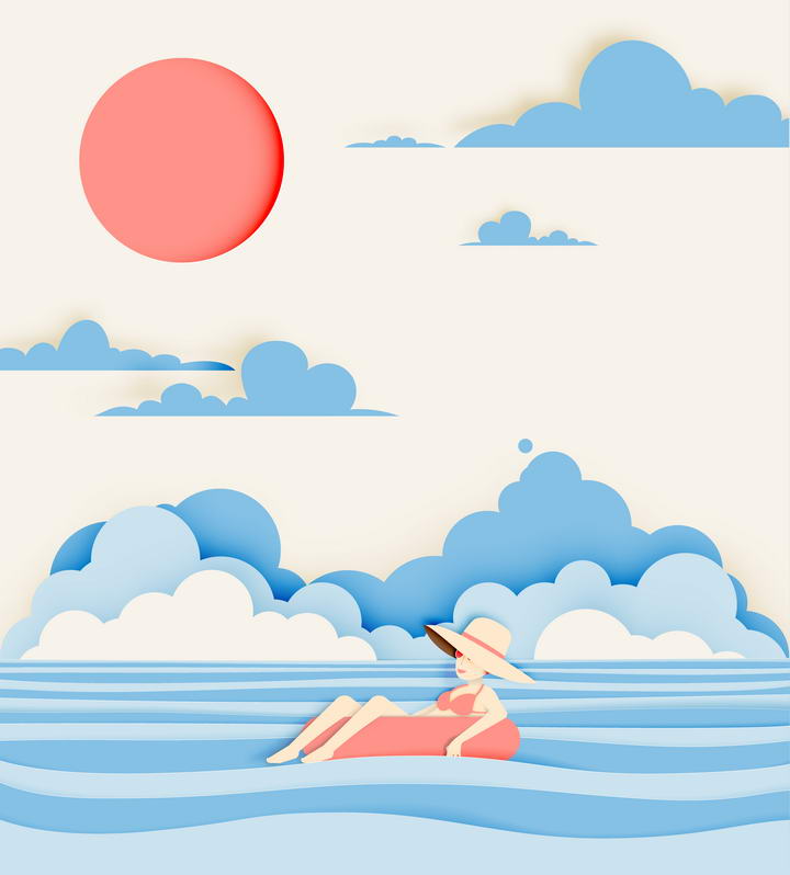 剪纸叠加风格漂流在海面上草帽女孩插画素材