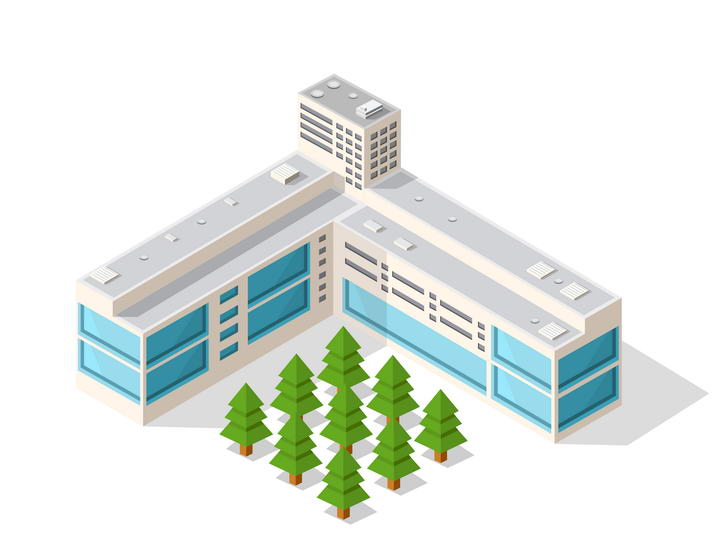 3D风格的蓝色大楼和树木png图片免抠素材