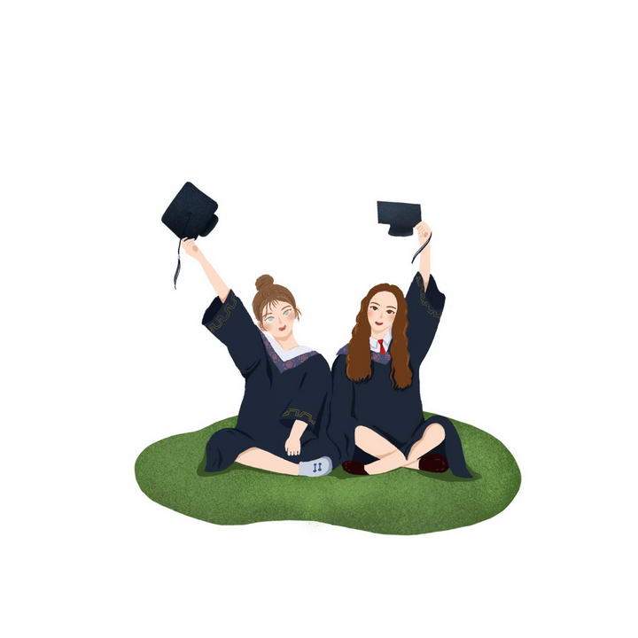 举着学士帽坐在草地上的青春少女毕业季图片免抠素材