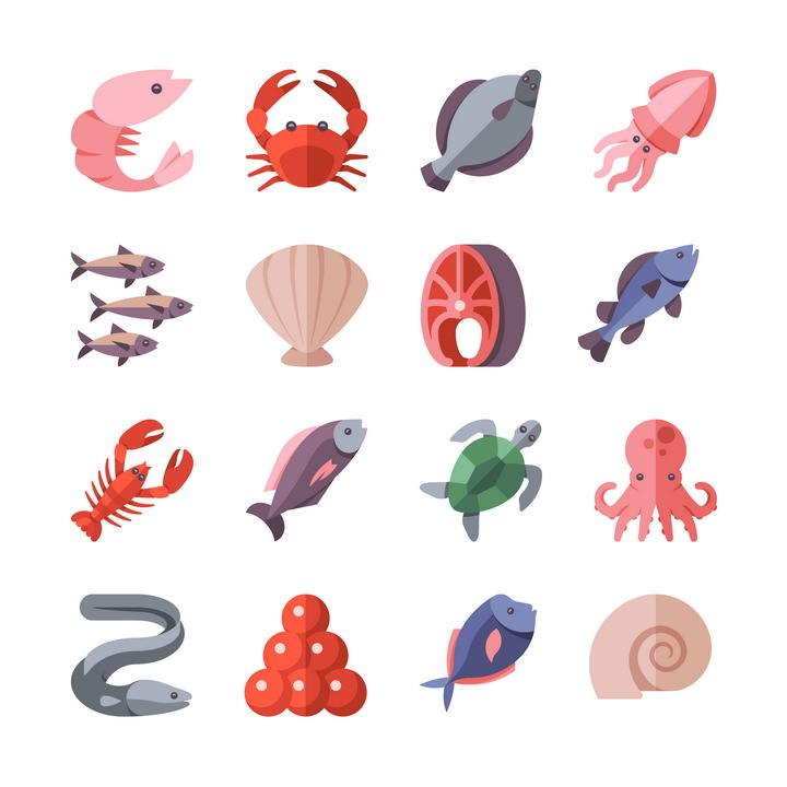 16款扁平化风格的螃蟹龙虾海龟等海洋生物图片免抠素材
