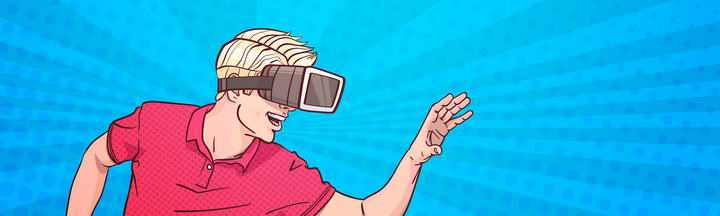 手绘美式漫画风格戴虚拟现实技术VR眼镜的年轻人素材