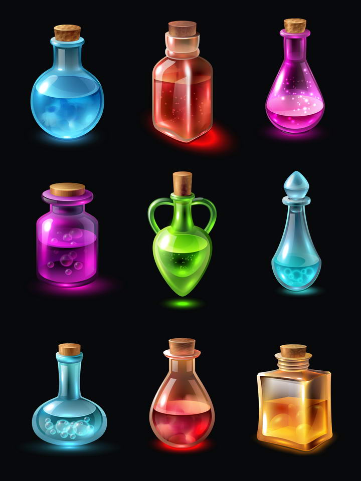 九款逼真的彩色发光药水瓶试剂瓶图片免抠素材