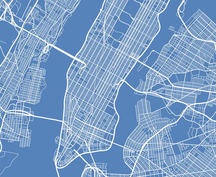 蓝底白线风格的线性纽约地图鸟瞰图图片素材