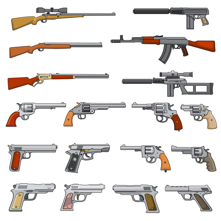 各种手绘风格自动步枪手枪等轻武器图片免抠素材