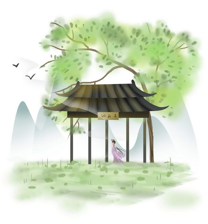 中国风彩色水墨画风格春天绿树门牌楼少女远山风景图片免抠素材