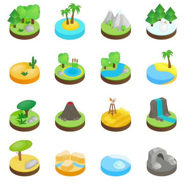 16款2.5D效果圆形平台上的森林海岛火山高山等各种自然景观图片免扣素材