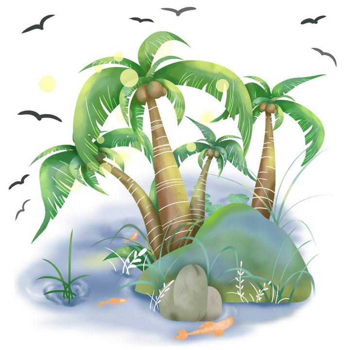 手绘风格光斑效果海岛椰子树风景图图片免抠素材