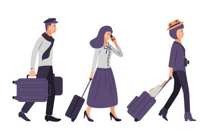 扁平化手绘插画风格拖着行李箱的旅客图片免抠素材