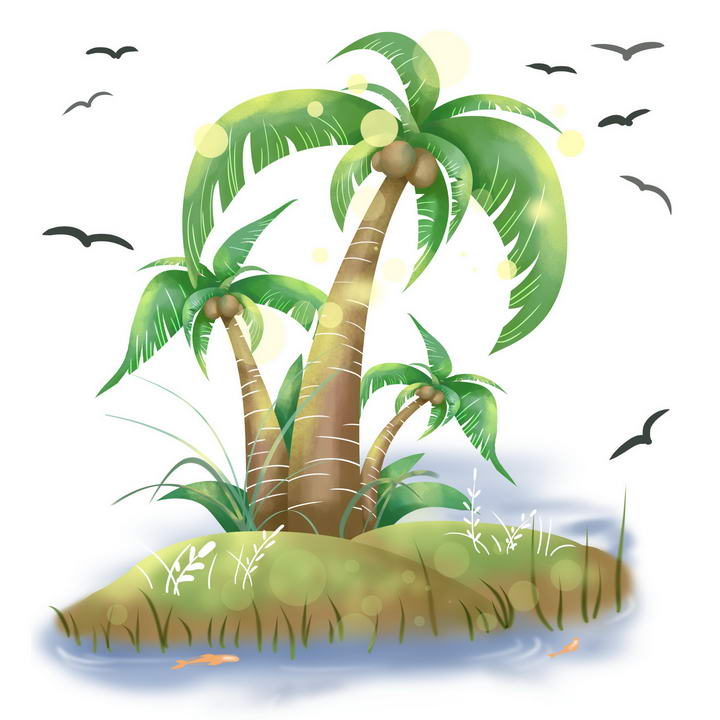 手绘光晕风格热带海岛椰子树风景图免抠素材