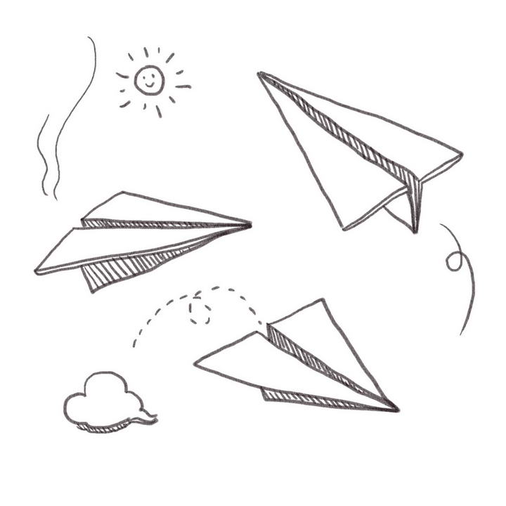 手绘线条素描风格纸飞机简笔画图片免抠素材