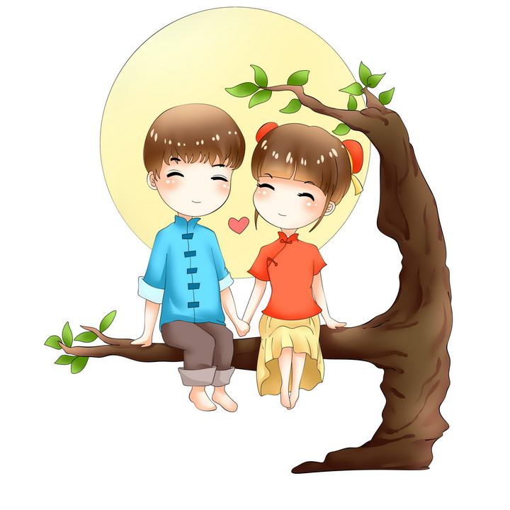 手绘卡通漫画中国风明月下面坐在树杈上的汉服情侣七夕情人节图片免抠素材