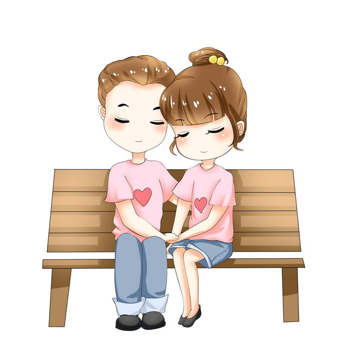 手绘卡通漫画风格坐在长椅上手牵手的情侣情人节图片免抠素材