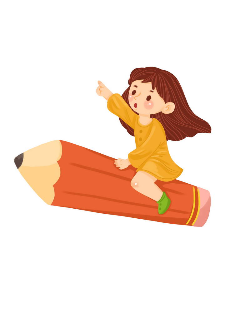 可爱卡通女孩坐在铅笔上飞行儿童节图片免抠素材