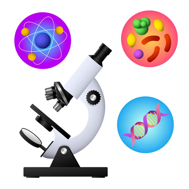 一台白色的显微镜和镜头下的细菌微观世界科学实验仪器图片免扣素材