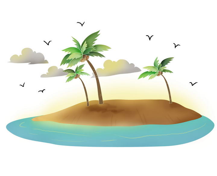 手绘风格被蓝色海水包围的热带海岛椰子树风景图片免抠素材