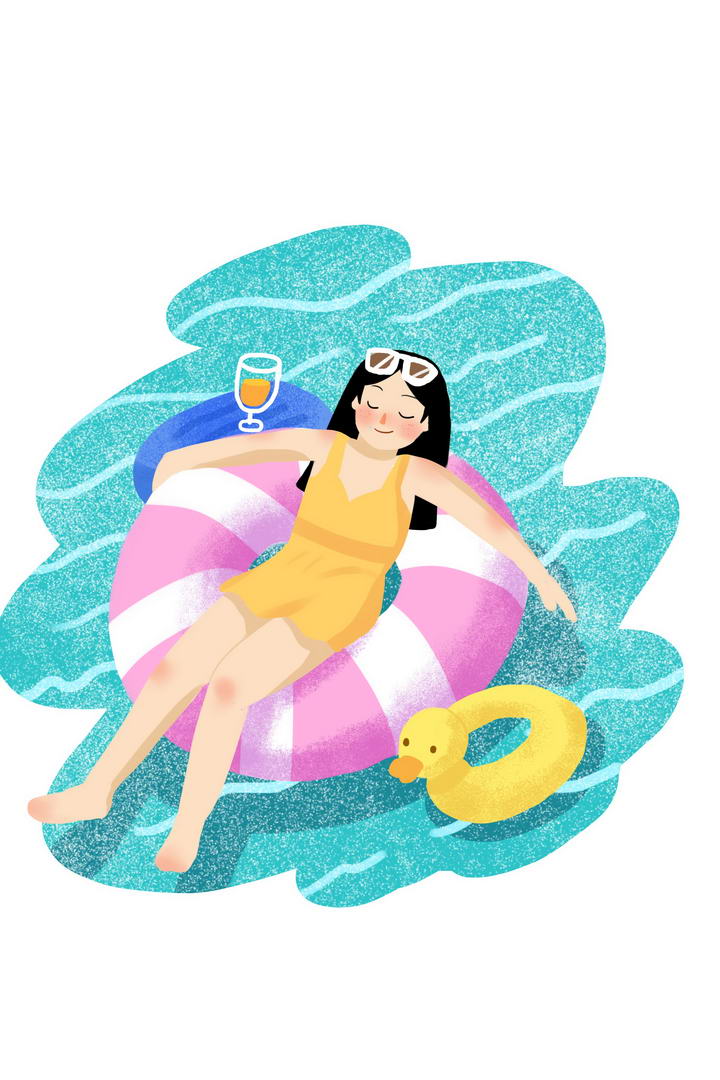 肌理插画风格夏日里躺在救生圈游泳圈中的女人图片免抠素材