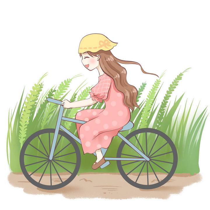 手绘卡通漫画风格正在骑自行车的美少女图片免抠素材