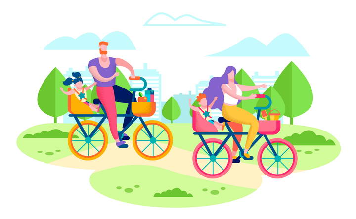 扁平插画风格骑自行车的一家四口郊游旅游图片免抠素材