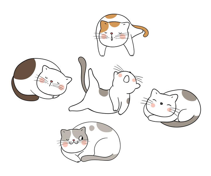 五种不同风格的卡通猫咪睡姿图片免抠素材
