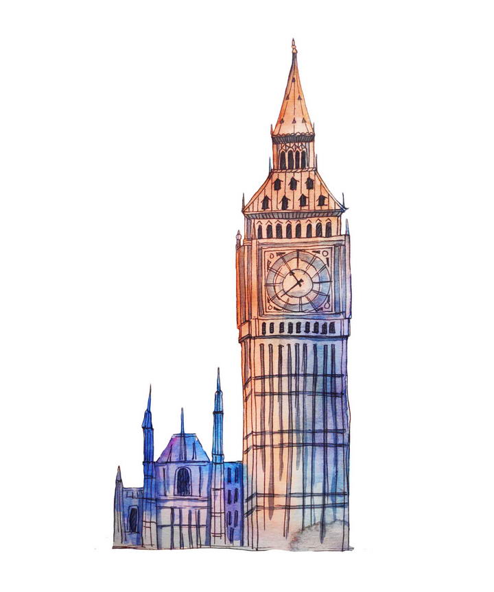 手绘风格伦敦标志建筑伊丽莎白塔大本钟图片免抠素材