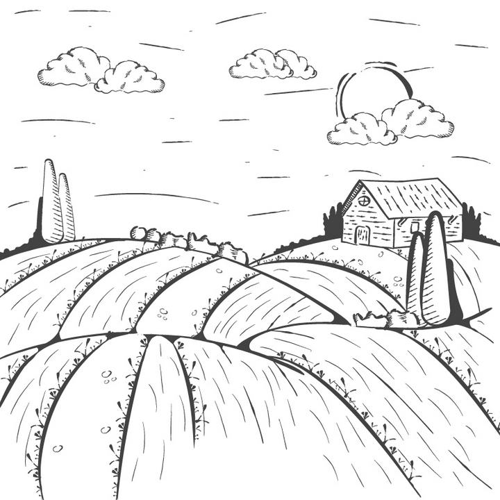 手绘线条农场的风景照简笔画图片免抠素材