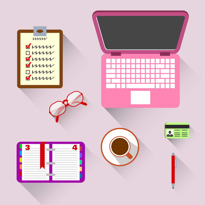 粉色风格的笔记本电脑眼镜记事本等女性办公用品图片免抠素材