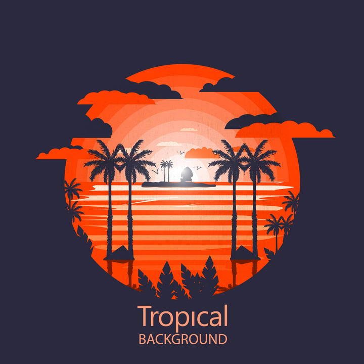 红色热带海岛夕阳风景椰子树剪影图片免抠素材