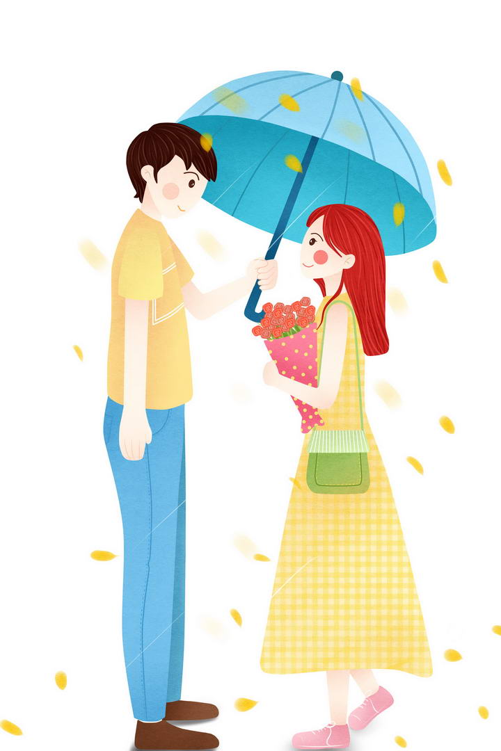 手绘插画风格为女孩子撑伞的男孩情侣情人节图片免抠素材
