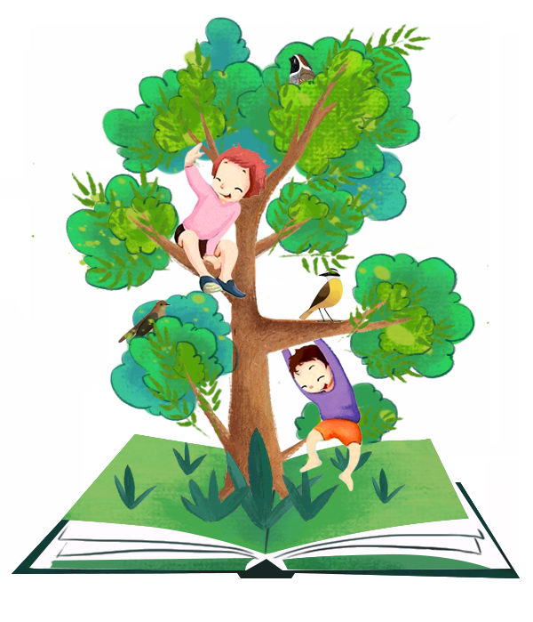 肌理插画风格抽象打开的书本上正在爬树的小朋友儿童节玩耍图片免抠素材