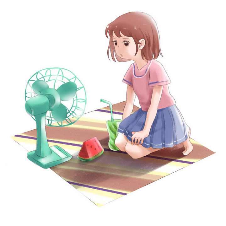 手绘插画风格炎炎夏日里正在吃西瓜吹电风扇的少女图片免抠素材