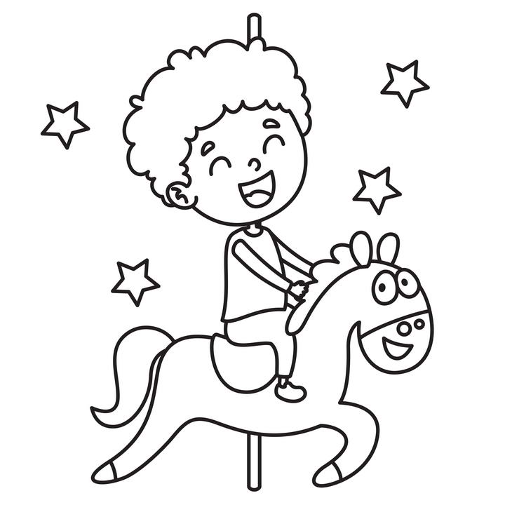 卡通风格骑旋转木马的小男孩简笔画免抠矢量图片素材