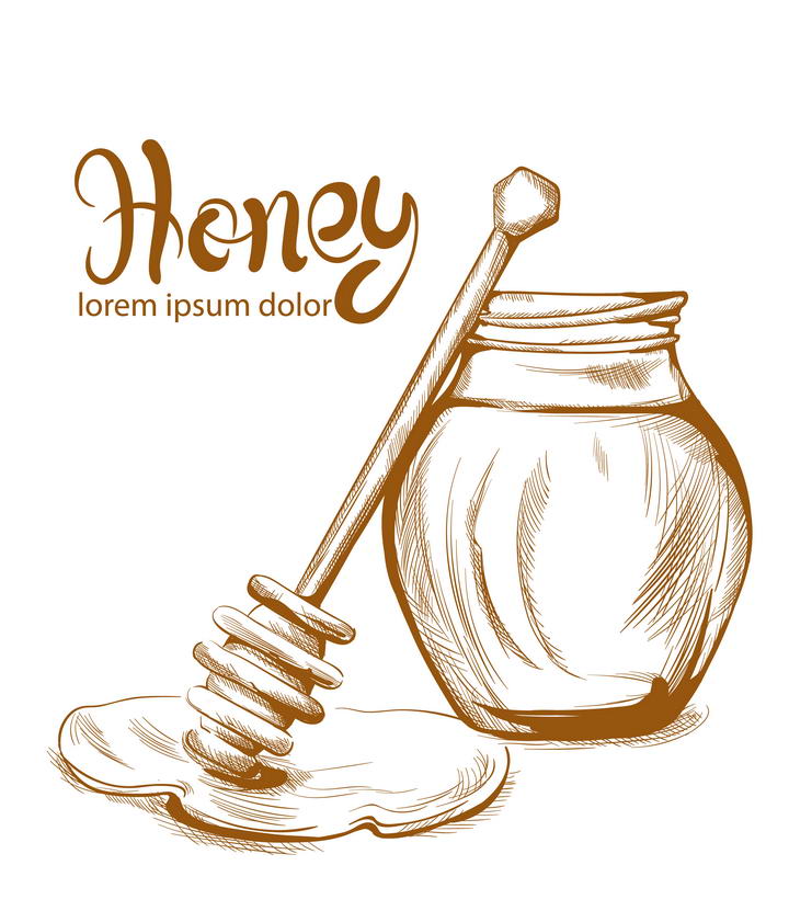 棕色线条手绘涂鸦风格蜂蜜罐和蜂蜜棒免抠矢量图片素材