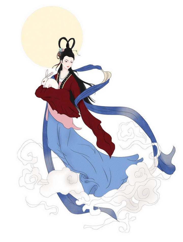 手绘中国传统风格抱着玉兔的嫦娥奔月仙女图片免抠素材